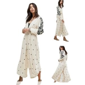 Free People Cream and Black Embroidered Jumpsuit